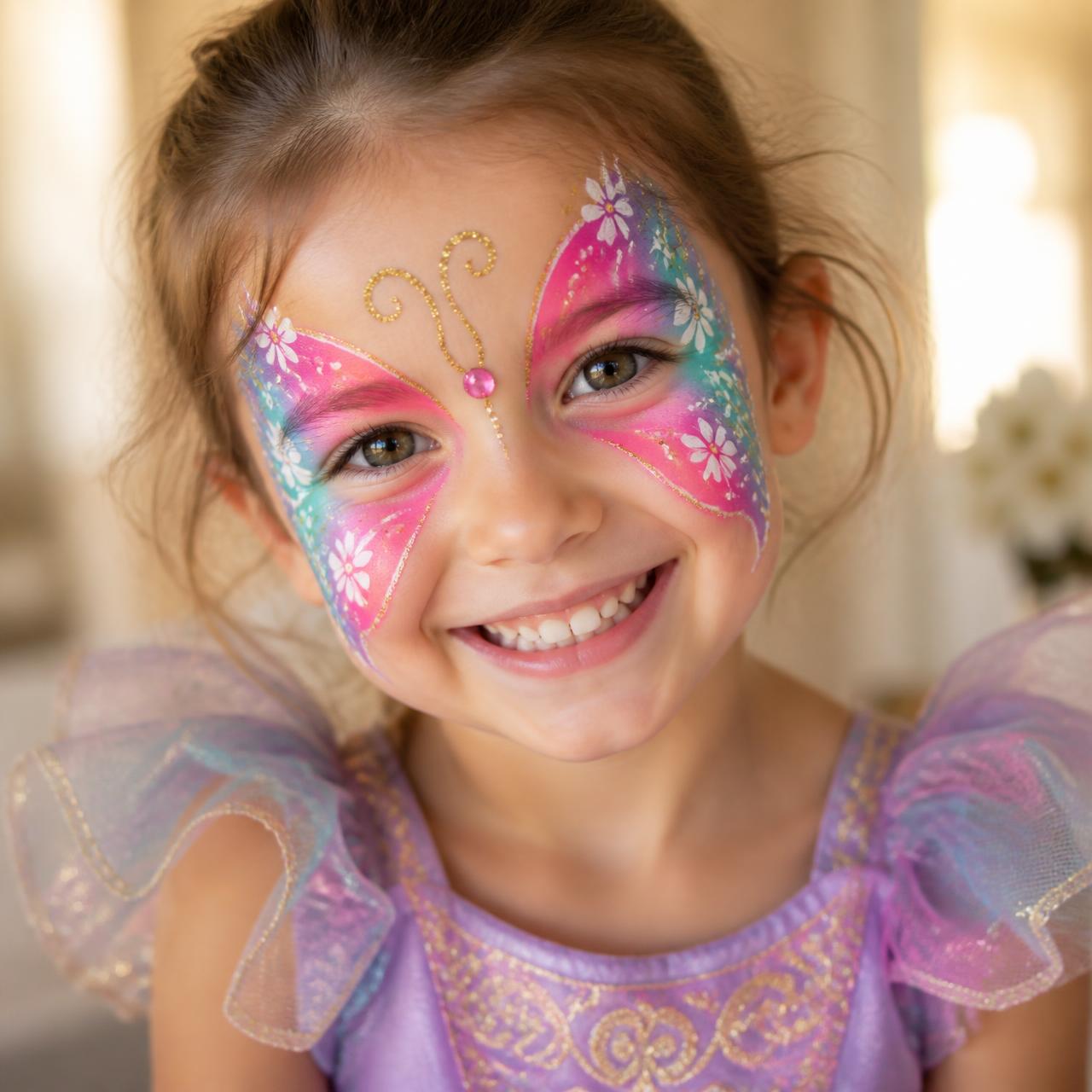 Smiling child with a colorful butterfly face painting design